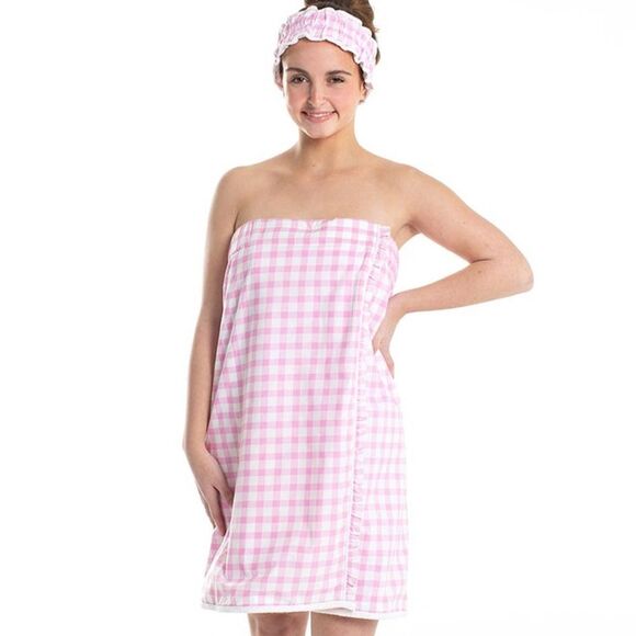 Pink Gingham Towel Wrap and Headband Set - Picture 2 of 4